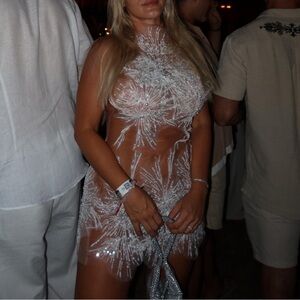 JESSICA BARA CADY RHINESTONE PEARL MESH MINI DRESS White